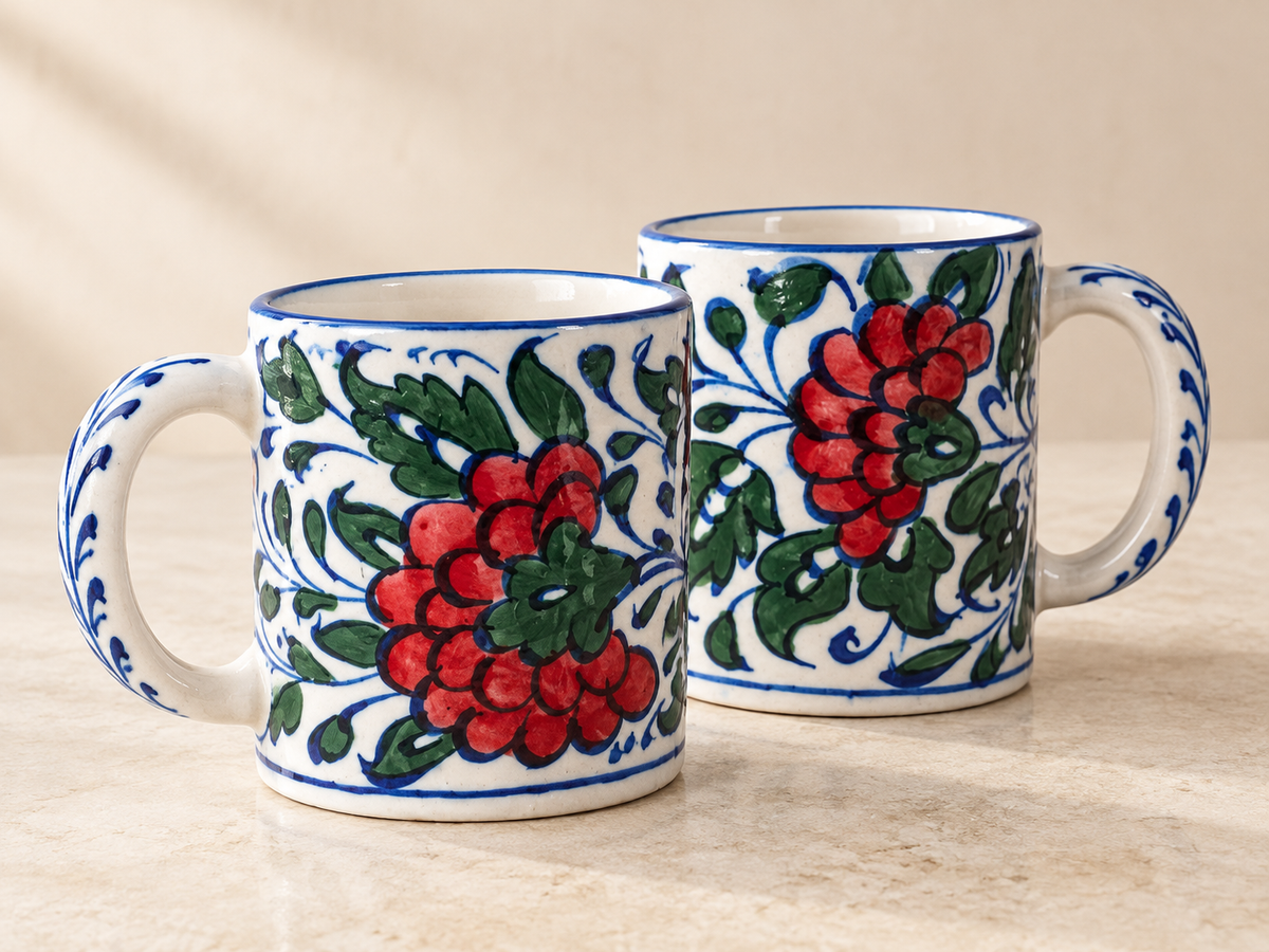Hand-Painted Multani Pottery Mug, Small Batch (Floral / Multi Colour)