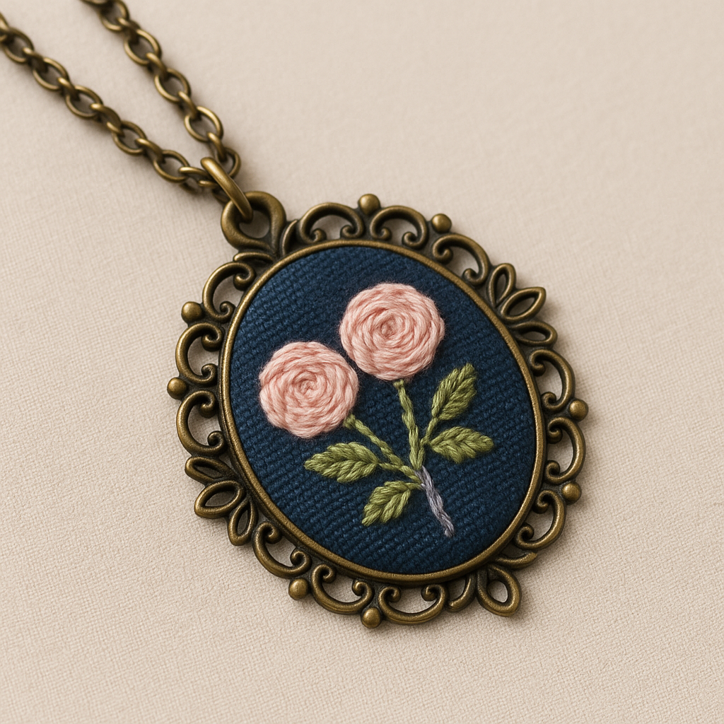 Twin Pink Roses on Navy – Vintage Embroidery Pendant Necklace DIY Kit