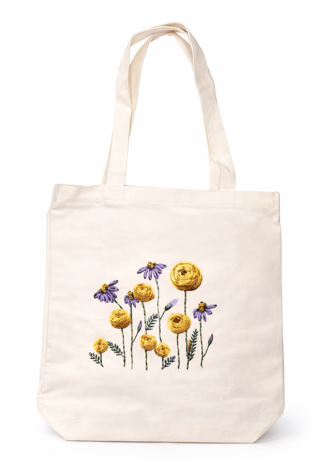 Yellow and Purple Flowers Embroidered off-White Tote - DIY Kit