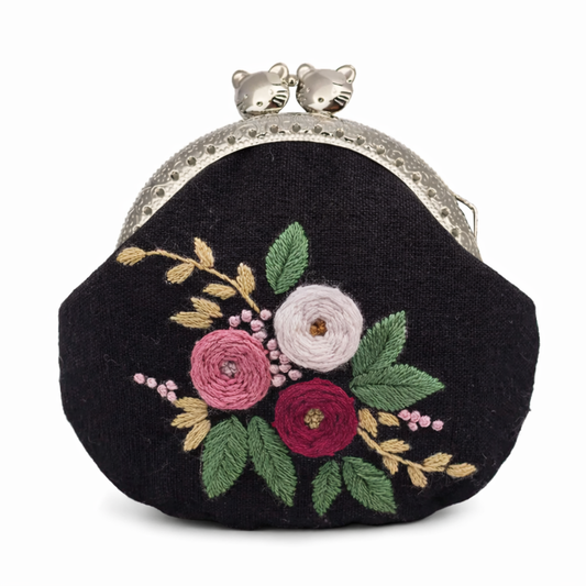 Midnight Bloom (Black Base) - Vintage Embroidery Coin Purse DIY Kit