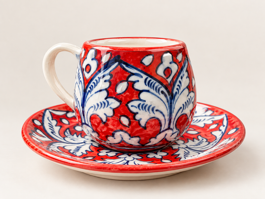 A ceramic coffee/ tea cup and saucer set with a vibrant red glaze and intricate hand-painted blue and white floral patterns!