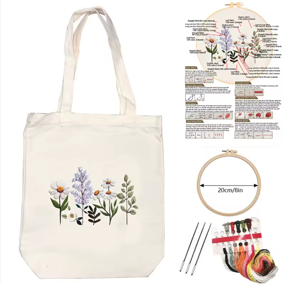 Wildflower Embroidered Off-White Reusable Tote Bag – DIY Kit