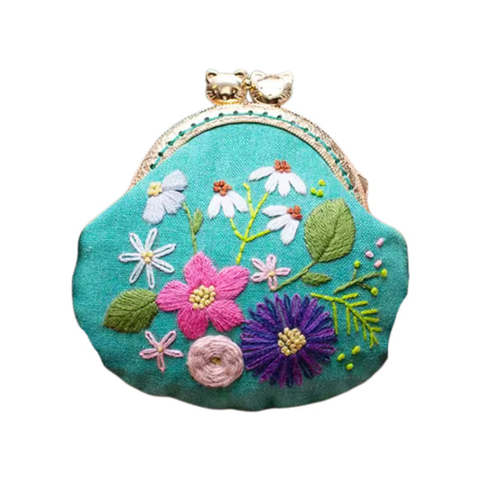 Wildflower Meadow (Teal Base) - Vintage Embroidery Coin Purse DIY Kit