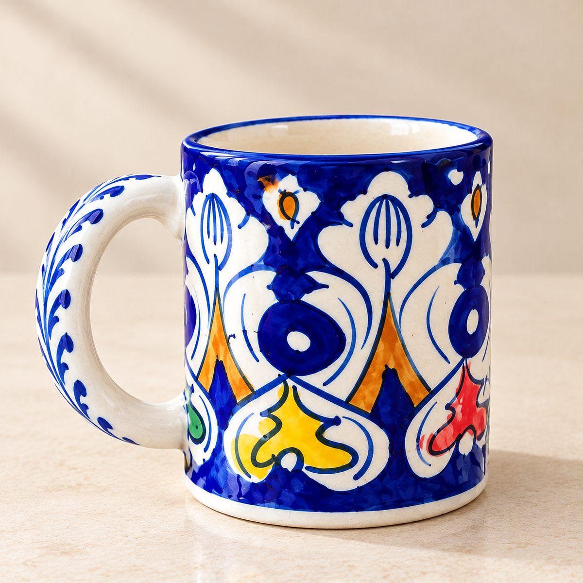 Hand-Painted Multani Pottery Mug, Small Batch (Floral / Multi Colour)