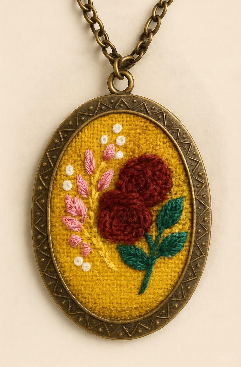 Red Roses with Pink Buds on Mustard Yellow – Vintage Embroidery Pendant Necklace DIY Kit