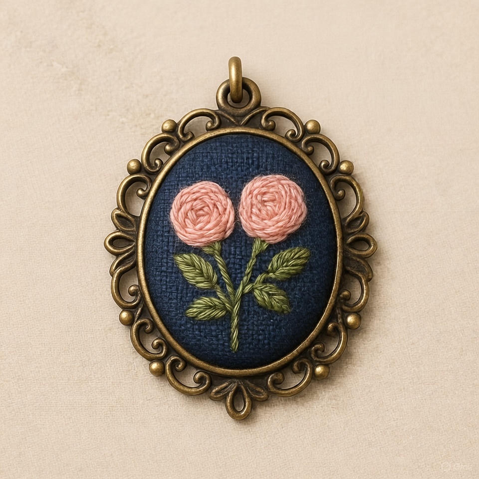 Twin Pink Roses on Navy – Vintage Embroidery Pendant Necklace DIY Kit