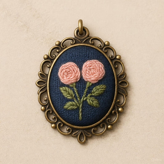 Twin Pink Roses on Navy – Vintage Embroidery Pendant Necklace DIY Kit