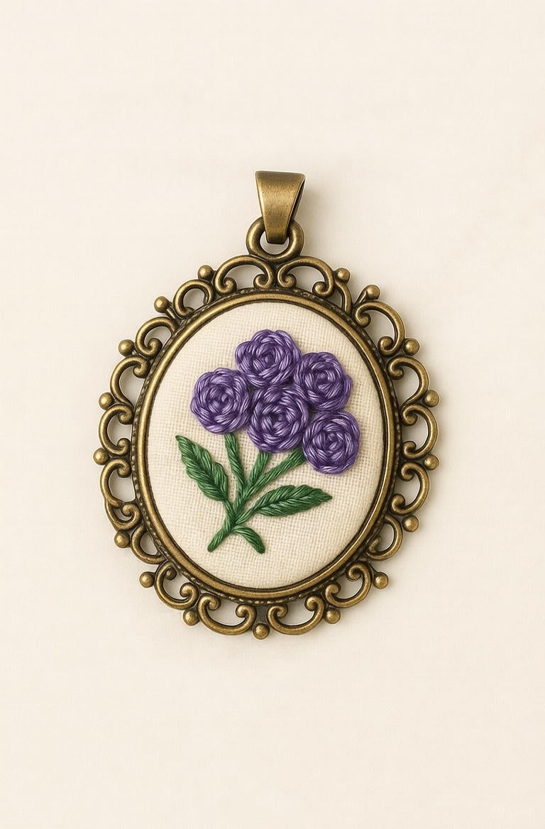Purple Rose Cluster – Vintage Embroidery Pendant Necklace DIY Kit
