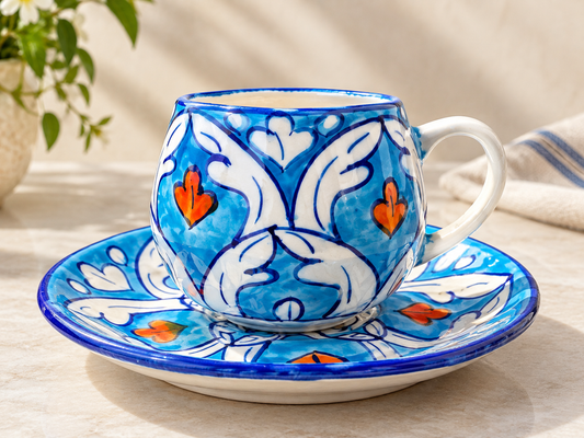 A ceramic coffee/ tea cup and saucer set with a vibrant blue and white traditional Mediterranean pattern and small orange accents!