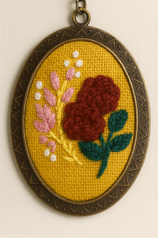Red Roses with Pink Buds on Mustard Yellow – Vintage Embroidery Pendant Necklace DIY Kit