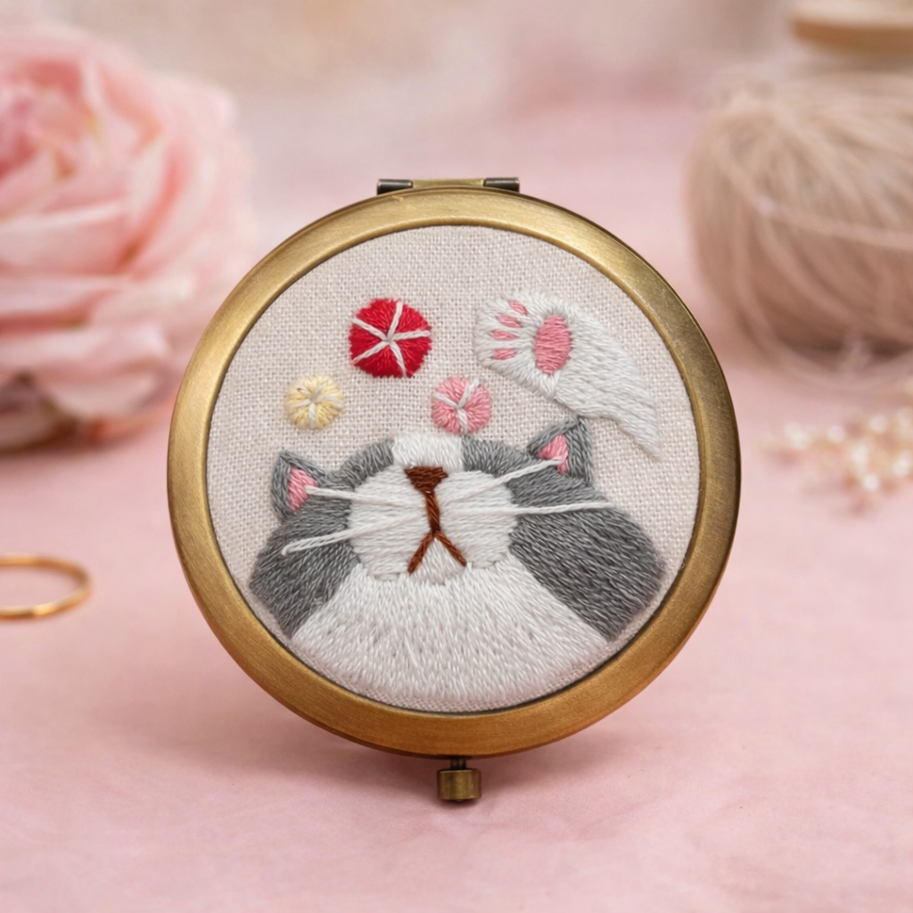 Whisker Glow in Gold Rim  - Embroidery DIY Pocket Mirror Kit
