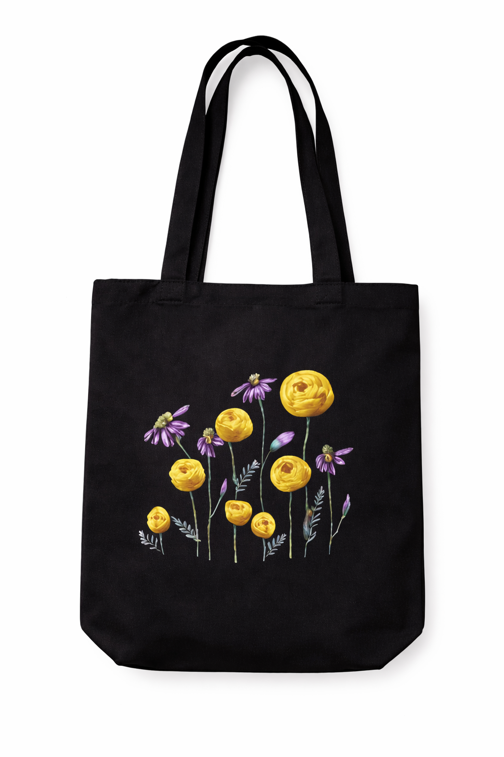 Yellow and Purple Flowers Embroidered Black Tote - DIY Kit