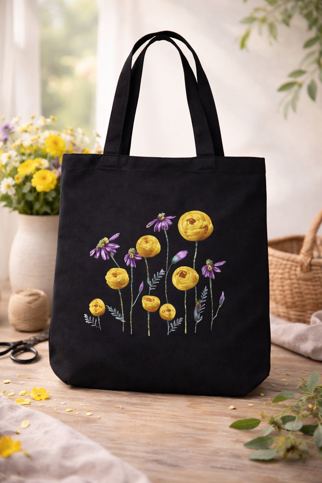 Yellow and Purple Flowers Embroidered Black Tote - DIY Kit