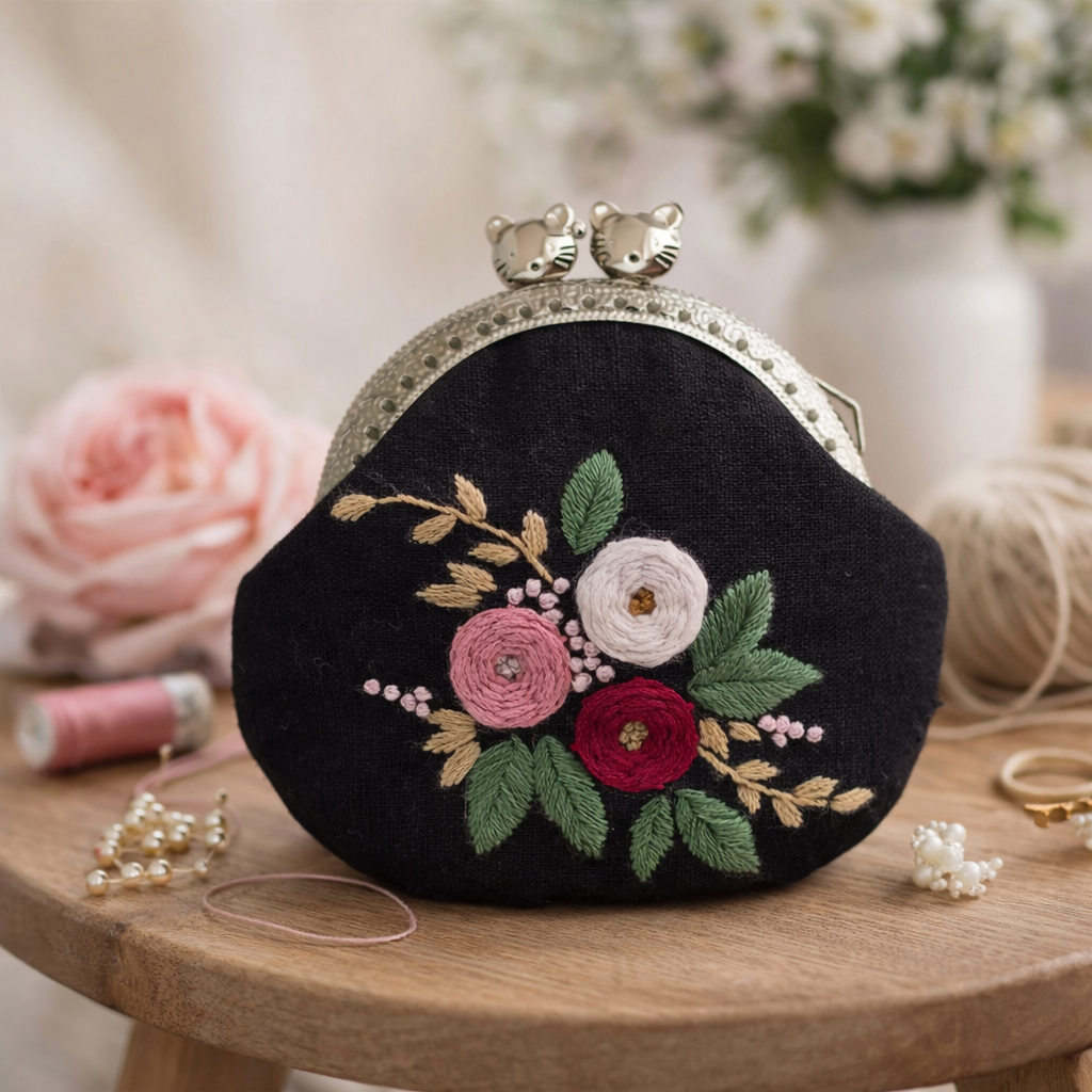 Midnight Bloom (Black Base) - Vintage Embroidery Coin Purse DIY Kit