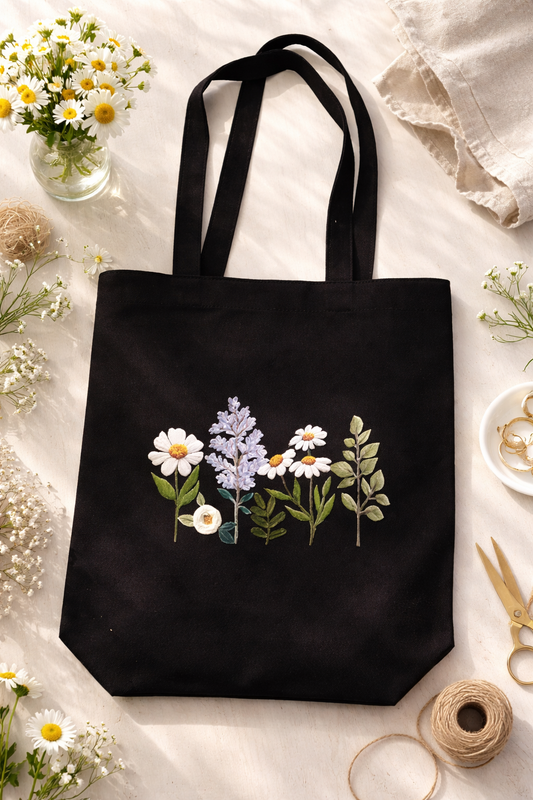 Wildflower Embroidered Black Reusable Tote Bag – DIY Kit