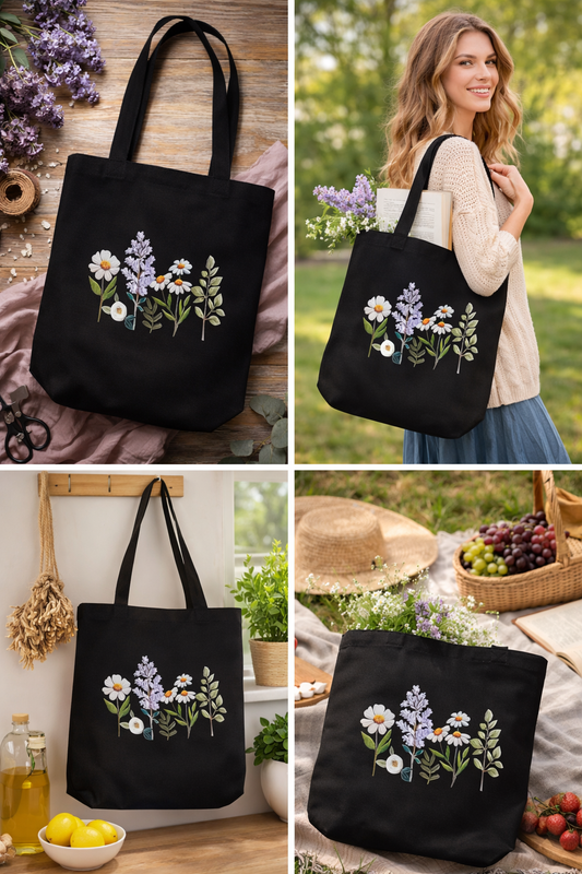 Wildflower Embroidered Black Reusable Tote Bag – DIY Kit