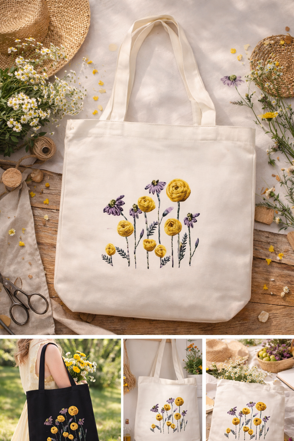 Yellow and Purple Flowers Embroidered off-White Tote  - DIY Kit