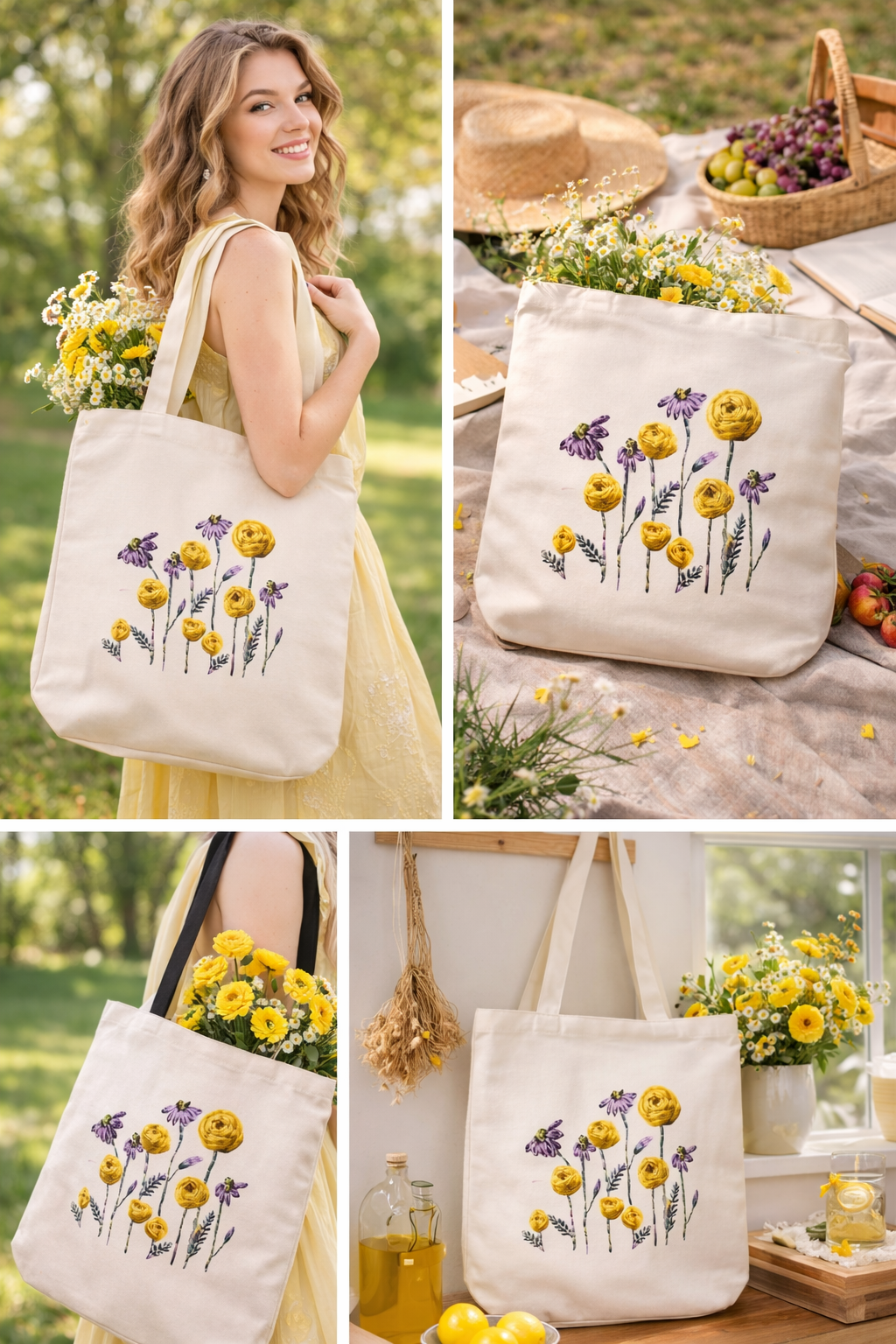 Yellow and Purple Flowers Embroidered off-White Tote  - DIY Kit