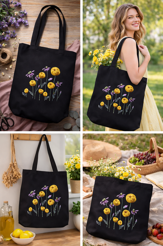 Yellow and Purple Flowers Embroidered Black Tote - DIY Kit