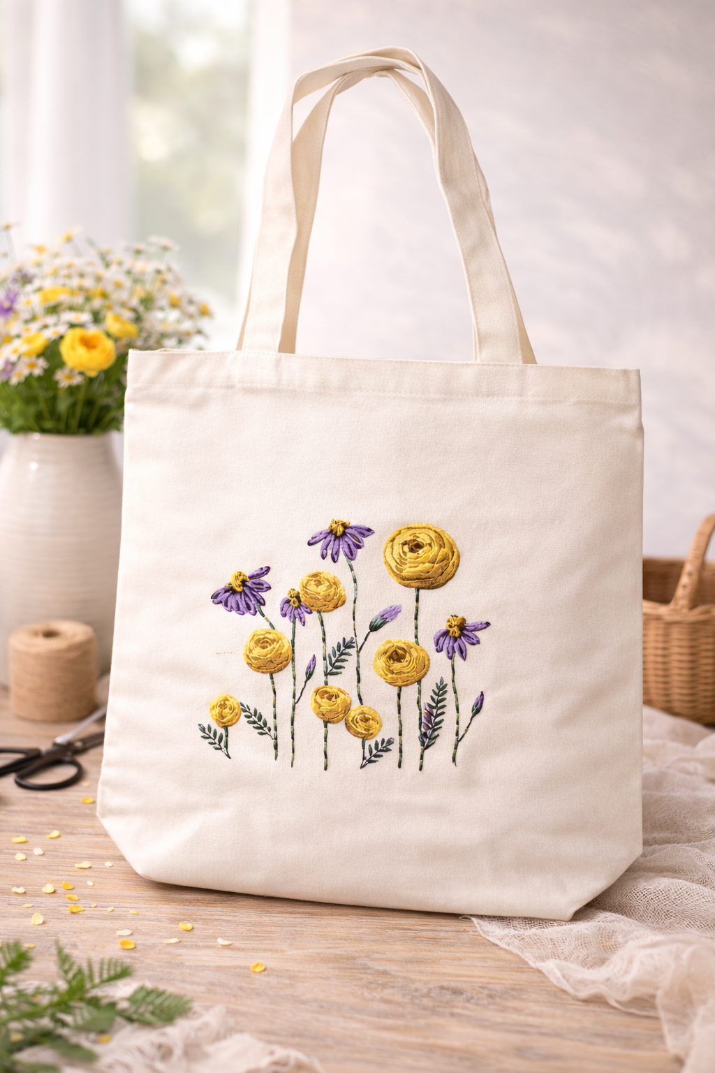 Yellow and Purple Flowers Embroidered off-White Tote  - DIY Kit