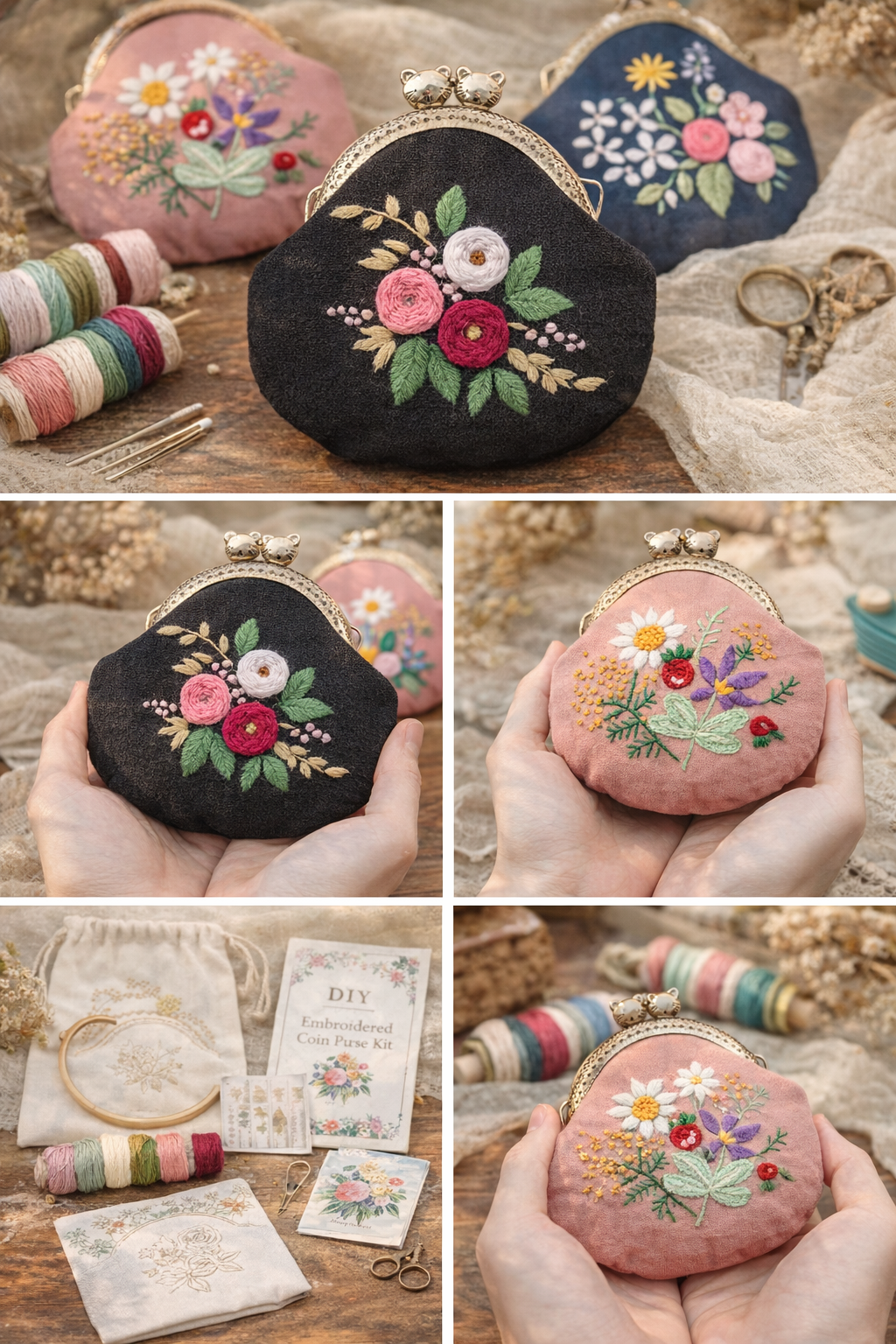 Midnight Bloom (Black Base) - Vintage Embroidery Coin Purse DIY Kit