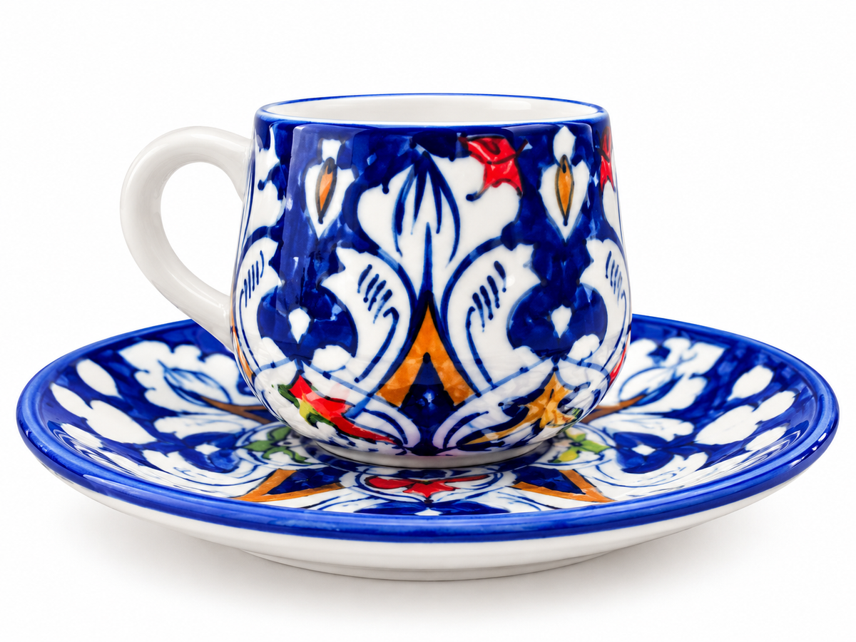 A traditional ceramic espresso cup with a matching saucer, decorated with a vibrant cobalt blue and white floral pattern and small red and orange accents.