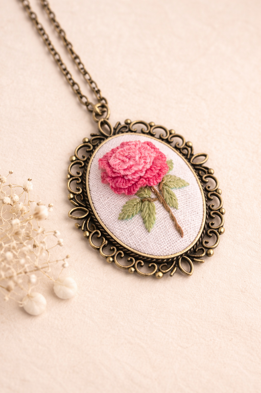 Pink Rose - Vintage Embroidery Pendant Necklace DIY Kit