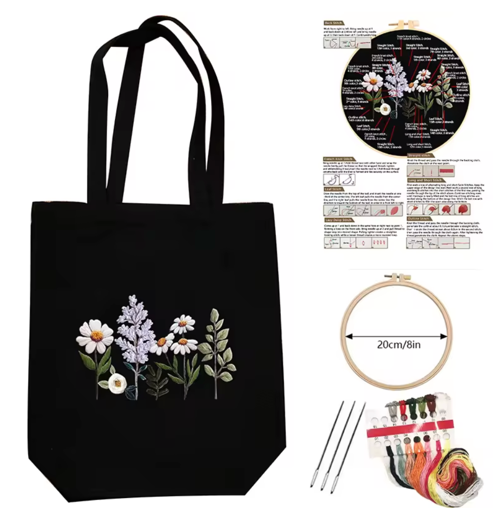 Wildflower Embroidered Black Reusable Tote Bag – DIY Kit