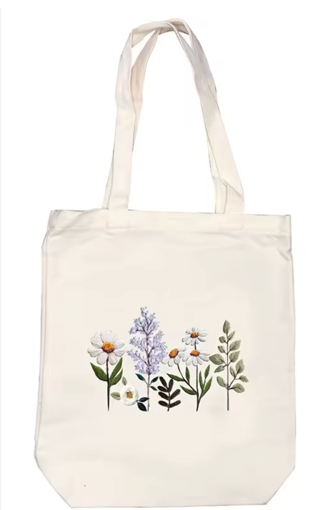 Wildflower Embroidered Off-White Reusable Tote Bag – DIY Kit