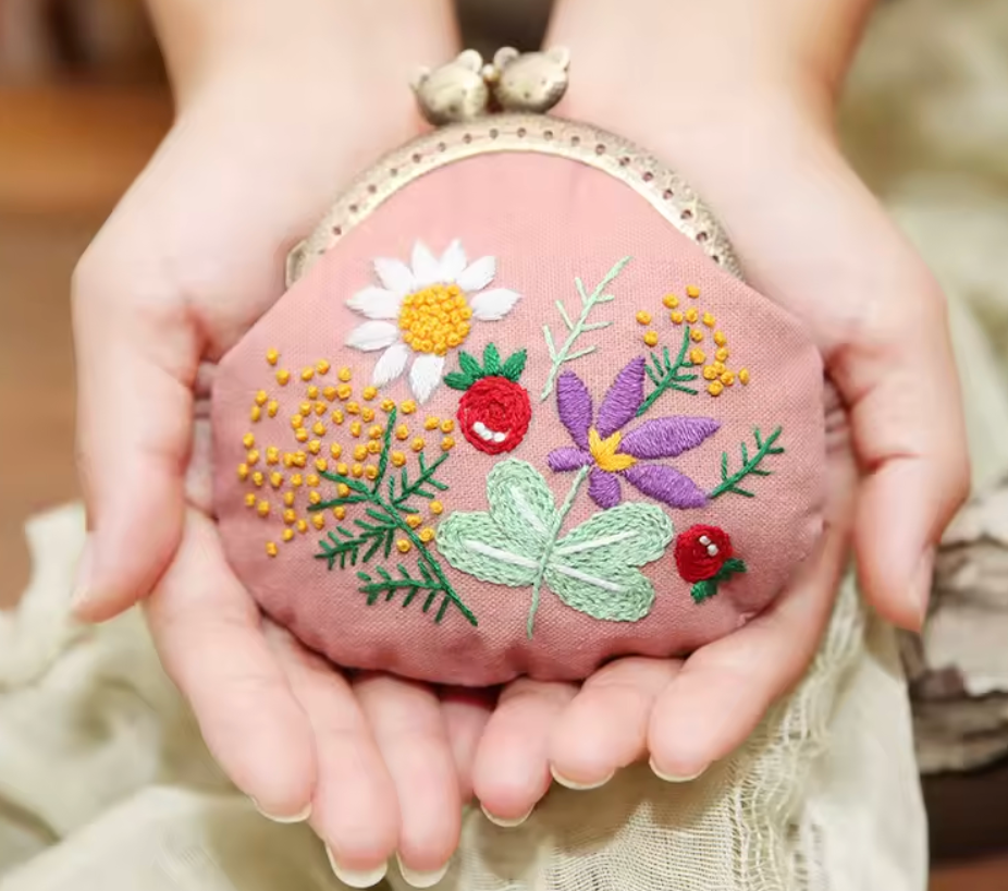 Botanical Garden (Pink Base) -  Vintage Embroidery Coin purse DIY Kit