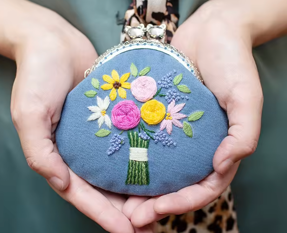 Vintage Bouquet (Blue Base) - Vintage Embroidery Coin Purse DIY Kit