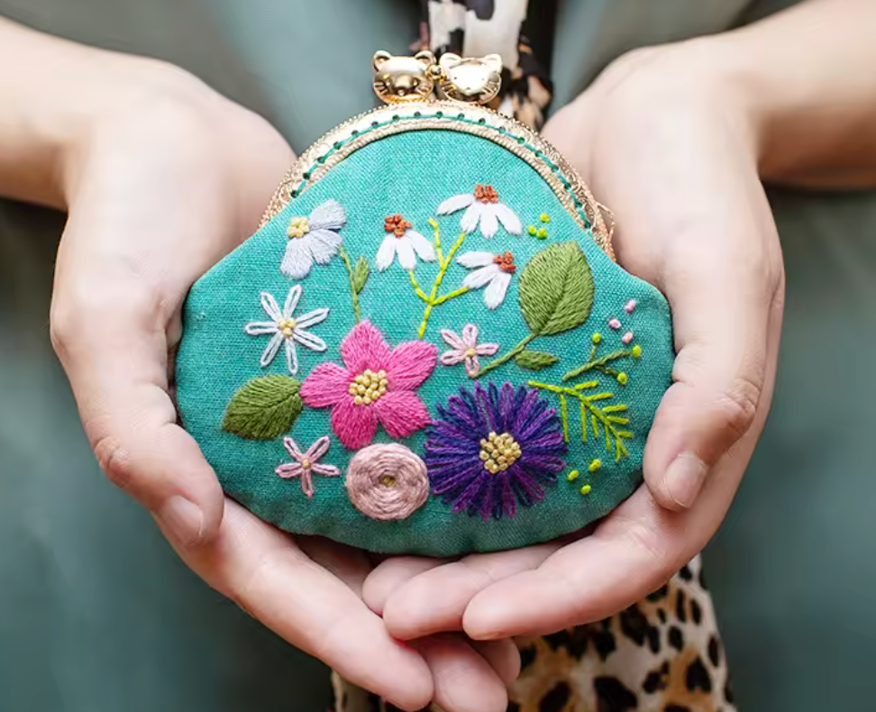 Wildflower Meadow (Teal Base) - Vintage Embroidery Coin Purse DIY Kit