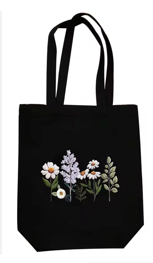 Wildflower Embroidered Black Reusable Tote Bag – DIY Kit