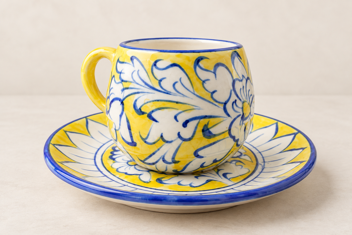 A yellow ceramic coffee/ tea cup with a matching saucer, decorated with a hand-painted white floral pattern outlined in blue!