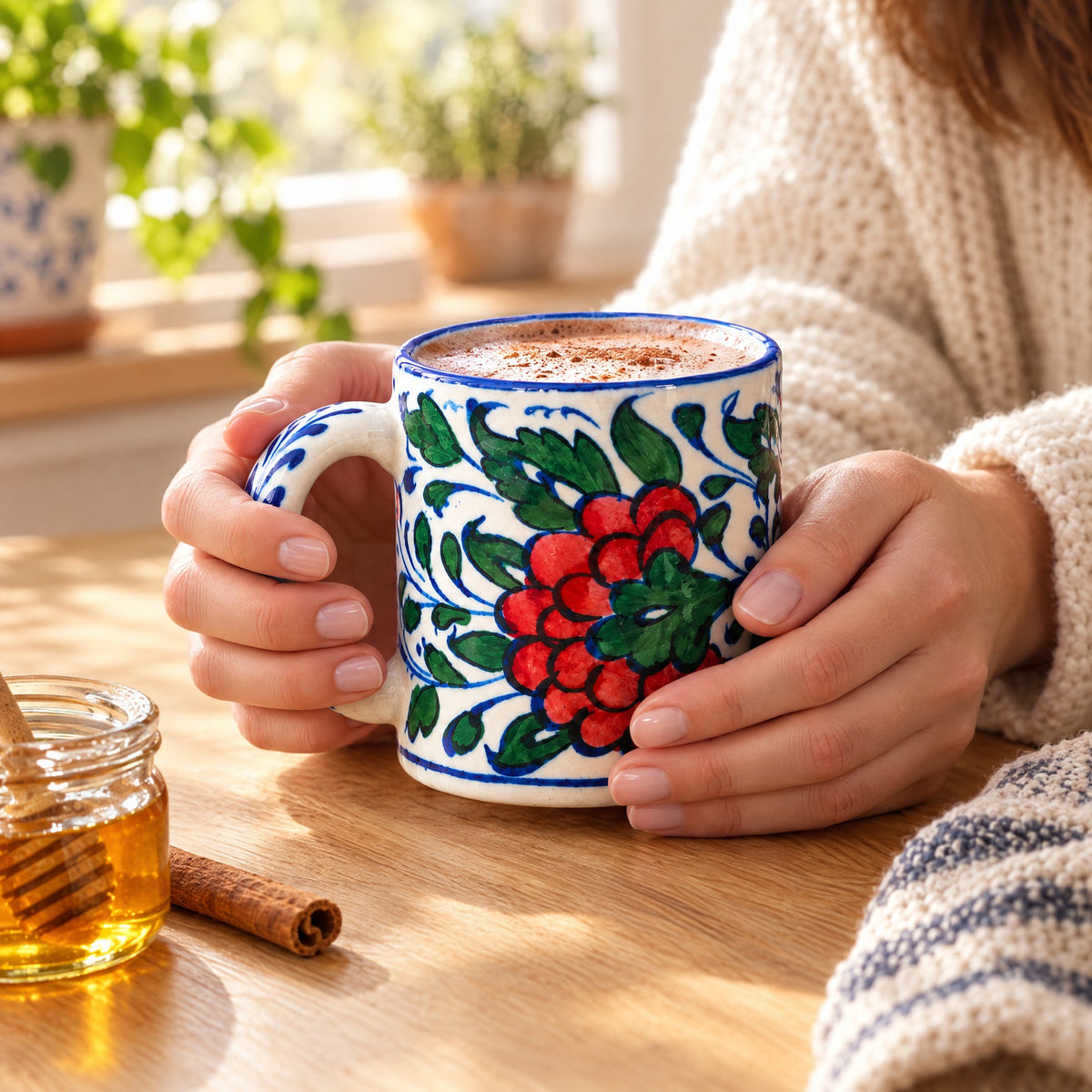 Hand-Painted Multani Pottery Mug, Small Batch (Floral / Multi Colour)